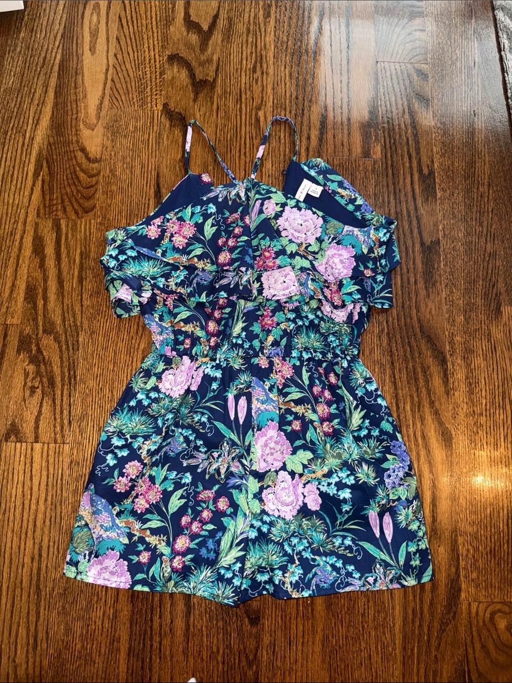 Janie and Jack Navy Floral Romper with Pink & Green Blooms